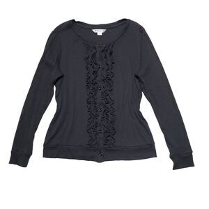 Pendleton Top Women Med Black Button Long Sleeve Ruffled Placket Blouse Career